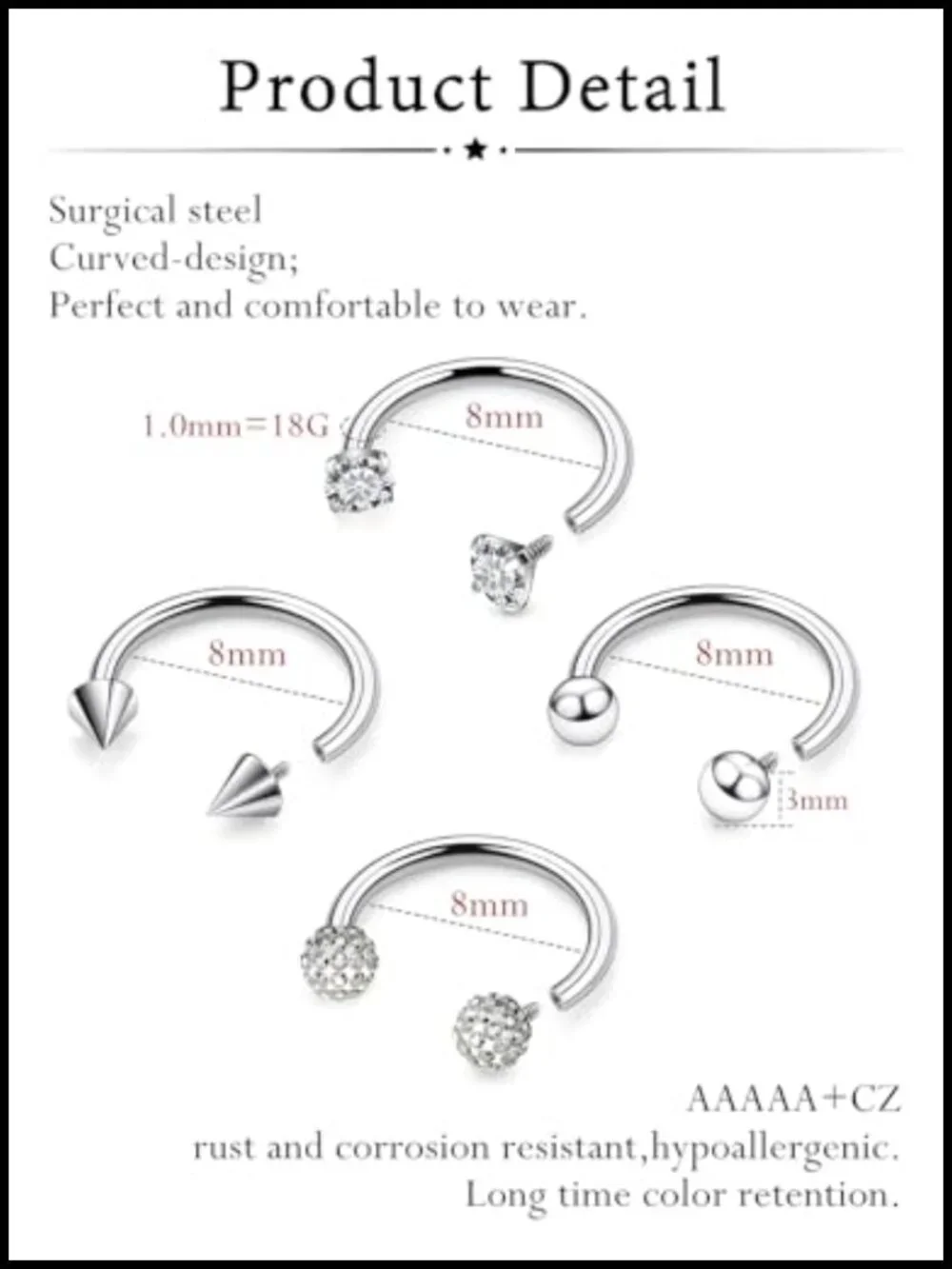 Surgical Steel Horseshoe Nose Rings 18G Double Gem Stud (8mm) Body Piercing